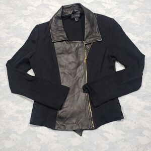 St. John Jacket Womens 4 Black Zip‎ Up Shoulder Pads Wool Blend Leather Lined